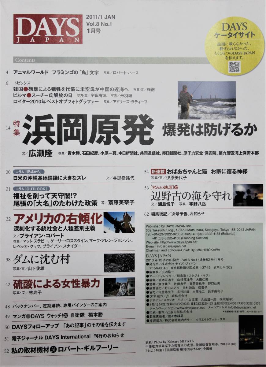 DAYS JAPAN 2011年1月 浜岡原発爆発は防げるか 柏崎刈谷原発の惨状 アメリカ右傾化 辺野古の海を守れ 硫酸による女性暴力 中古_画像2