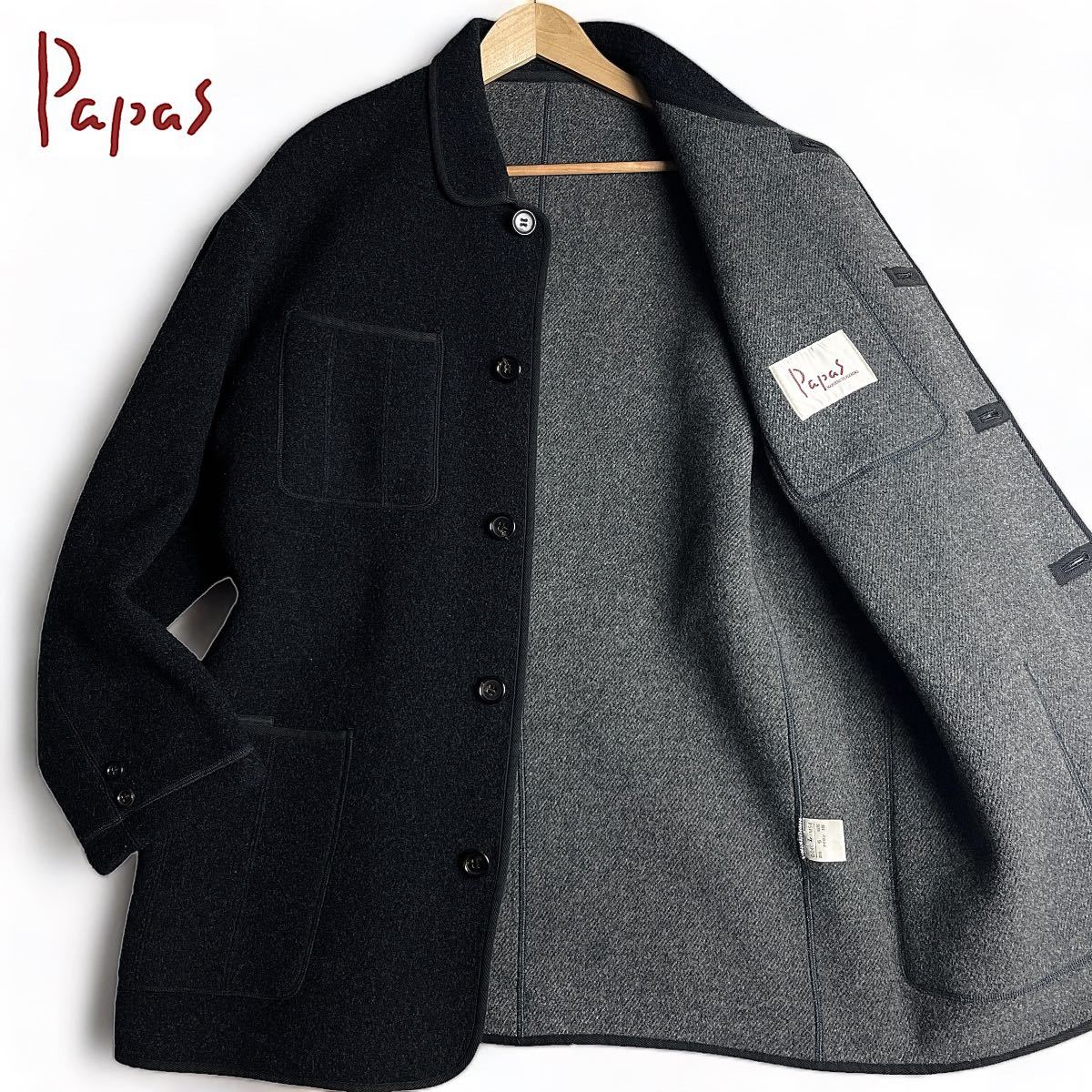 極美品/L ●Papas パパス ●滑らか肌触り メンズ ハーフコート カバーオール アウター ジャケット ゆったり感◎ ウール 秋冬 ブラック 黒_画像1