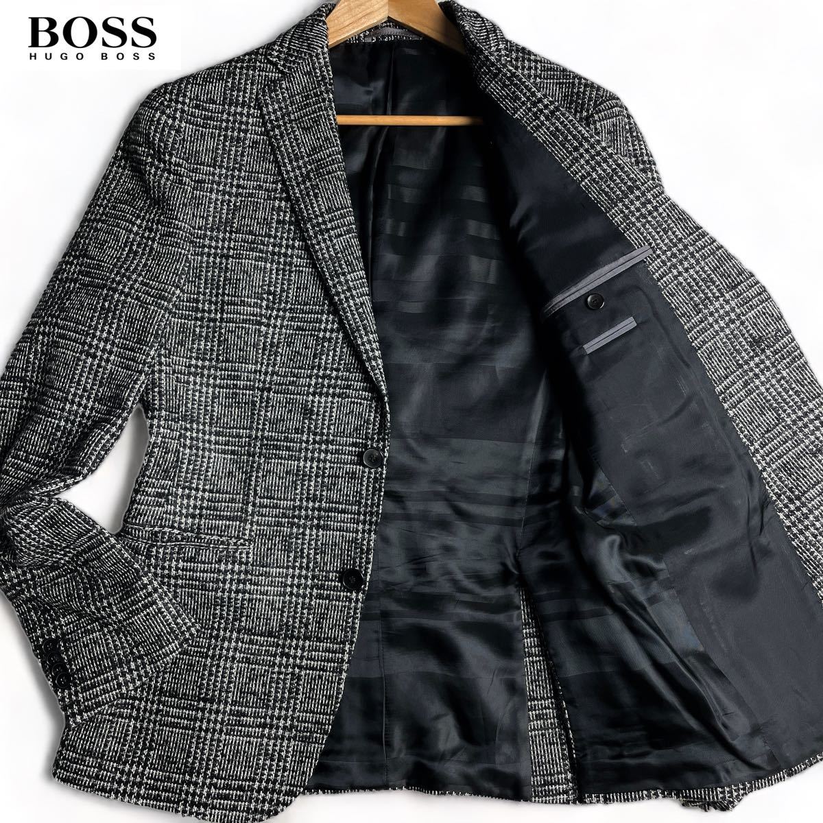 美品/Lサイズ ●HUGO BOSS ヒューゴボス テーラードジャケット ツイード 千鳥格子 ミックスカラー ビジネス スーツ グレンチェック グレー_画像1