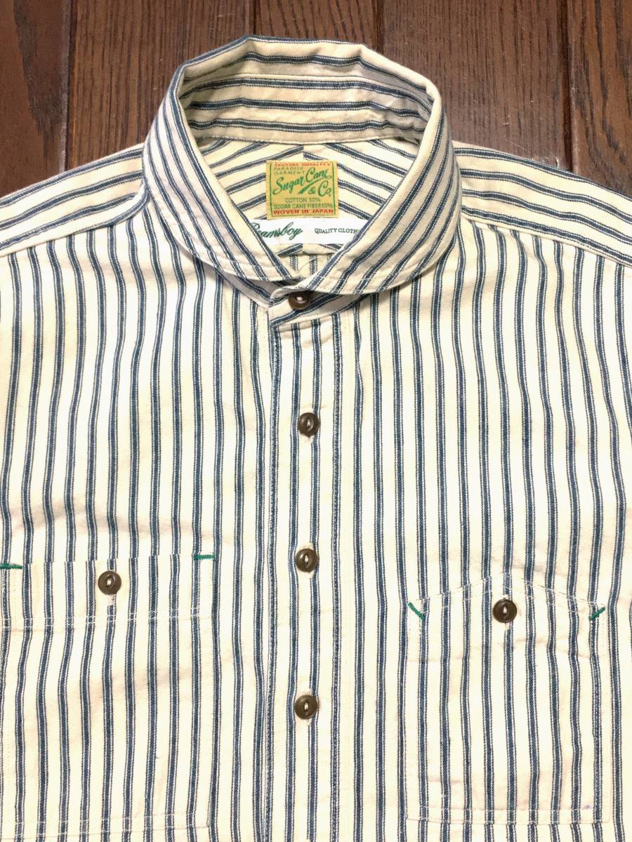  Sugar Cane Sugarcane × Beams Boy BEAMS BOYsato float bi. stripe shirt inset attaching mountain poke Vintage style made in Japan 