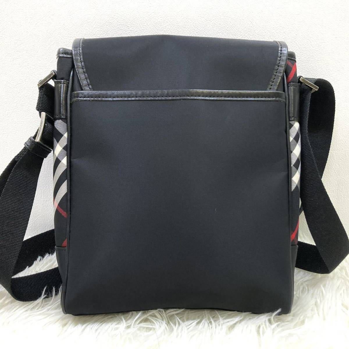 1円 【極美品】 BURBERRY BLACK LABEL バーバリー ショルダーバッグ ビジネス ナイロン レザー メンズ ノバチェック ロゴプレート ブラック_画像3