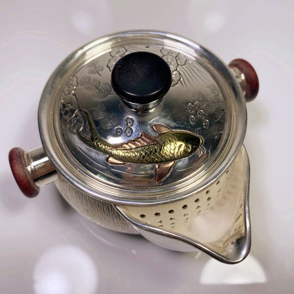 純銀製 鯉文 寶瓶急須 木摘 木取手 煎茶道具 箱付 長さ約9.5cm_画像10