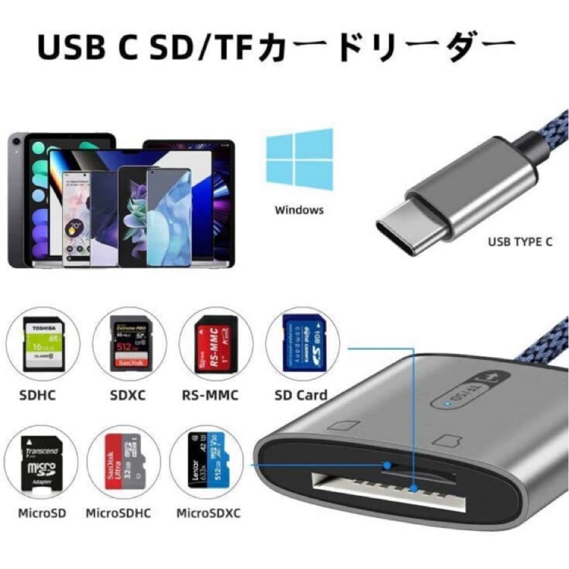 USB C SD カードリーダー 2in1 タイプC SD TFカメラカードリーダー 双方向高速データ転送読み書き Micro SD/SDHC_画像2