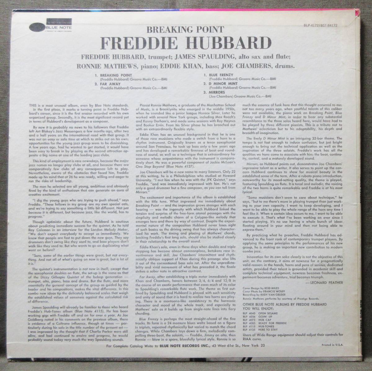 (LP) US/BLUE NOTE(UA) FREDDIE HUBBARD [Breaking Point] 内袋有り/フレディ・ハバード/James Spaulding/Joe Chambers/1971年版/BST-84172_画像2