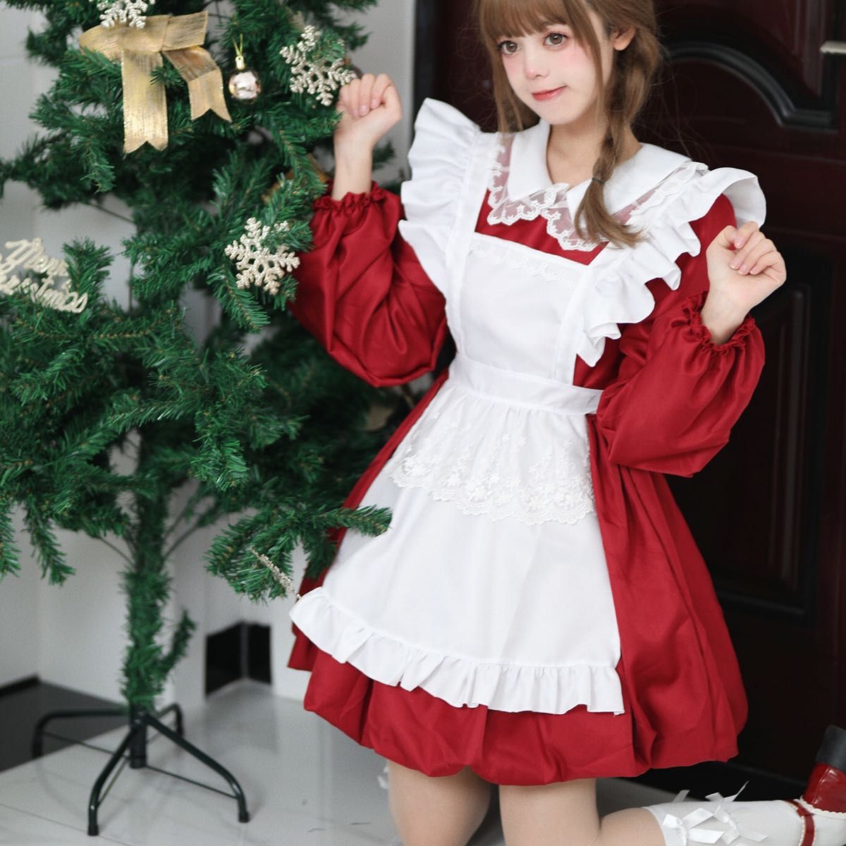 コスプレ 衣装 メイド服 長袖 地雷系 量産型 赤色 アイドル バルーンスカート ゆめかわいい クリスマス パーティー イベント