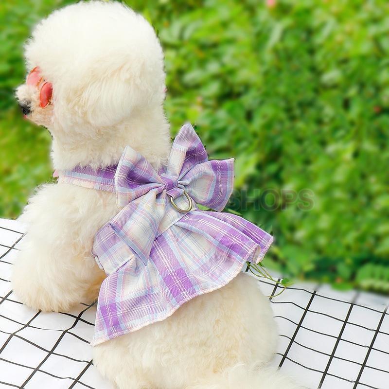 リボン ハーネス リード 付 ライトパープル L ドレス 犬 チェック ペット_画像6