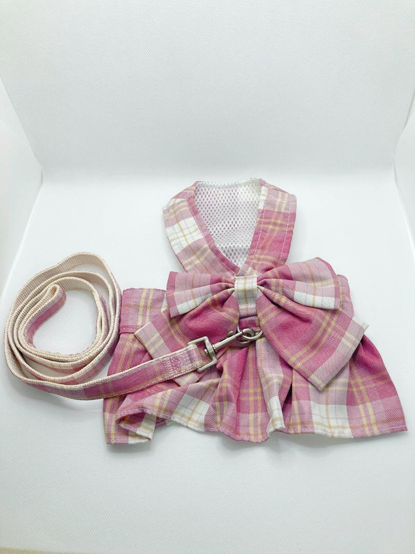 リボン ハーネス リード 付 ピンク M ドレス 犬 チェック ペット 服の画像8