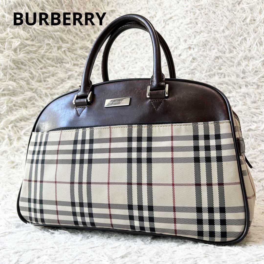 1円●BURBERRY バーバリー ミニボストンバック ハンドバッグ ノバチェック レザー キャンバス ロゴプレート ブラウン かばん 鞄 カバン_画像1