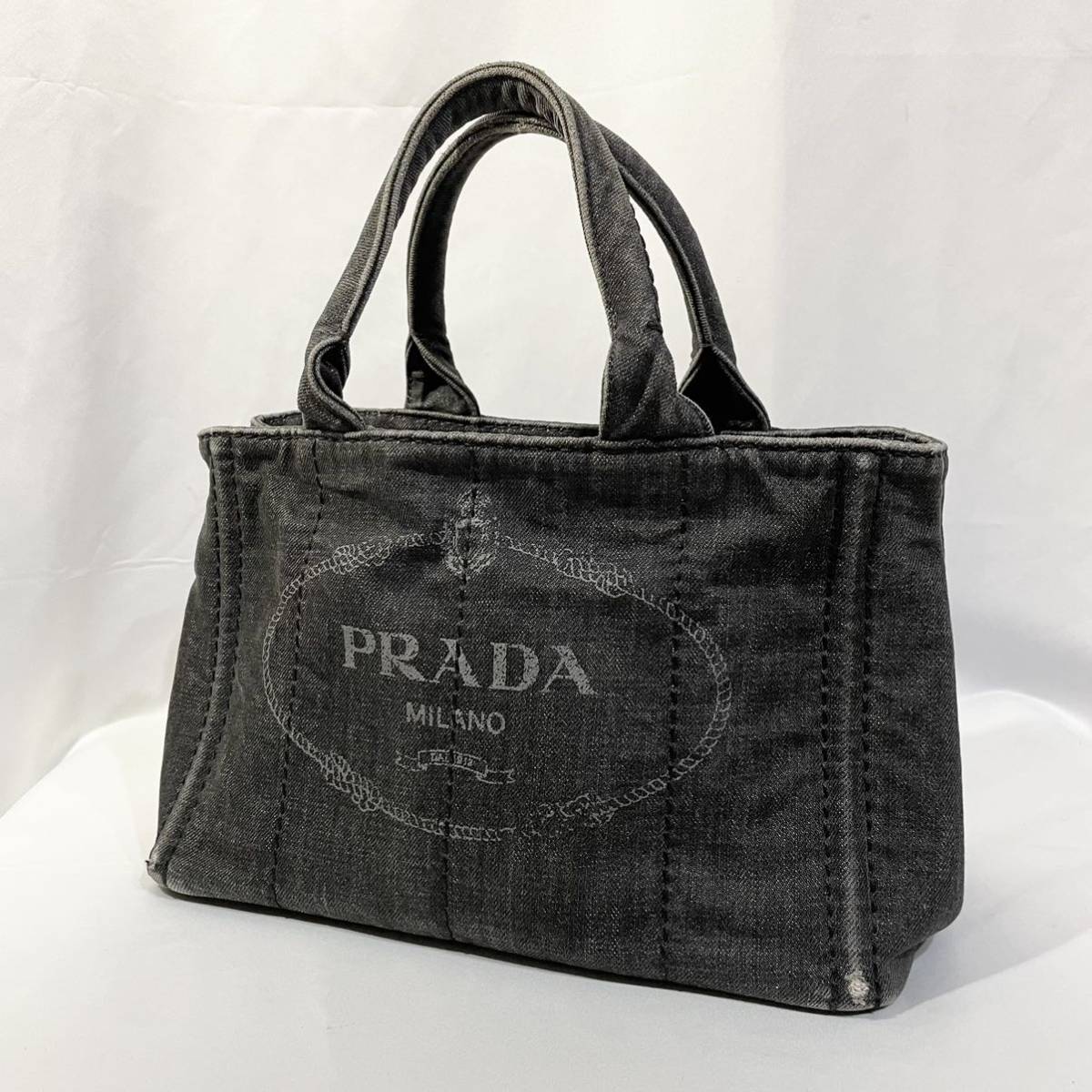 正規品 PRADA プラダ ハンドバッグ カナパ 黒 ブラック デニム 三角ロゴプレート トートバッグ キャンバス カバン 鞄