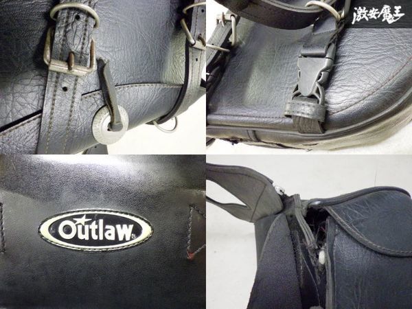 OUTLAW アウトロー バイク用 サイドバッグ 片側 黒レザー バック 収納 全長約41cm 高さ約25cm 幅約17cm アメリカン ツーリング 棚26-3_金具錆び