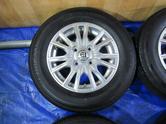 激安即決！Aphrodite 13-4B 4H/100 ET43 + BRIDGESTONE 145/80R13 2021年製 中古4本！アルト ライフ ワゴンR タント ムーヴ等！T007650_画像3