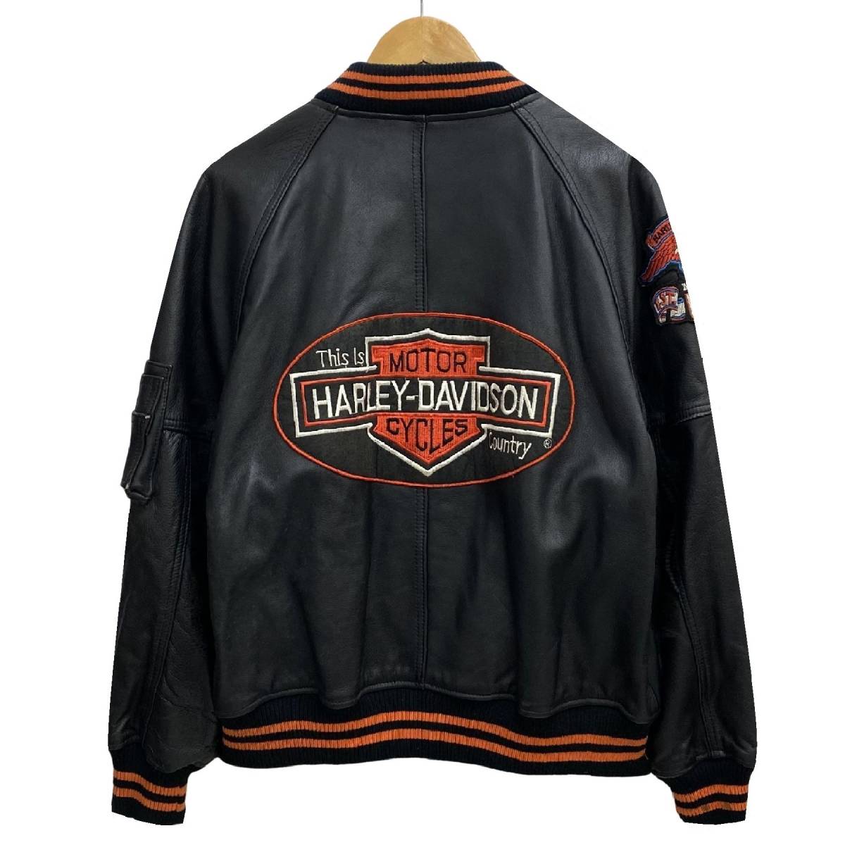 HARLEY DAVIDSON ハーレーダビッドソン 80s ヴィンテージ イーグル ロゴ 刺繍 ワッペン MA-1 フライト レザー ジャケット ライダース 黒 L_画像3