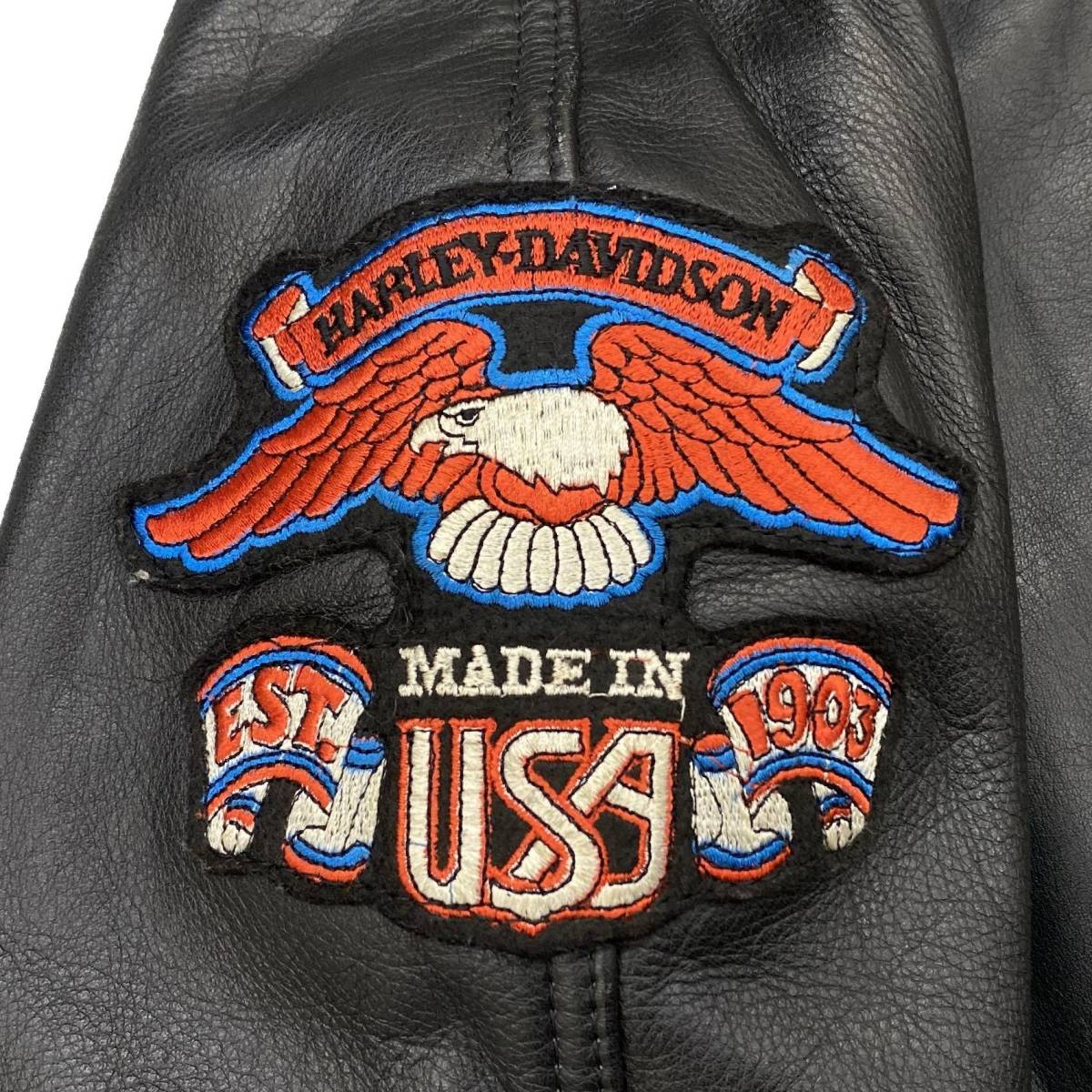 HARLEY DAVIDSON ハーレーダビッドソン 80s ヴィンテージ イーグル ロゴ 刺繍 ワッペン MA-1 フライト レザー ジャケット ライダース 黒 L_画像6