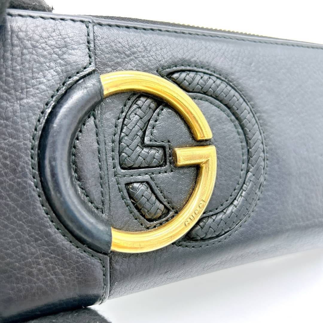 グッチ【美品】GUCCI 長財布 ラウンドファスナー インターロッキング 編み込み ロゴ ゴールド金具 レザー 本革 メンズ レディース_画像3