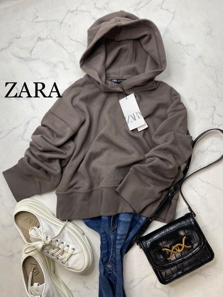 ZARA ザラ★タグ付き未使用★大人可愛い★あったか裏起毛 くすみカラー スウェット プルオーバーパーカー トップス★モカ Sサイズyz1130_画像1