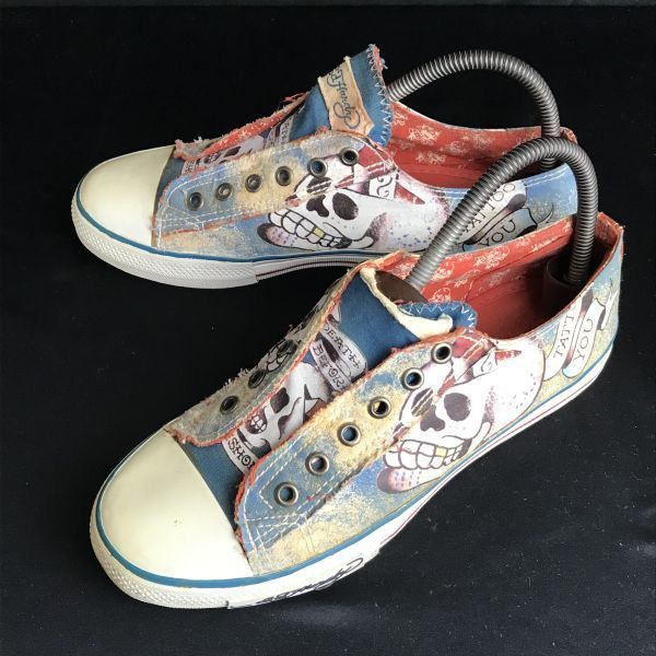 Ed Hardy/エドハーディー★ドクロ/骸骨デザイン/スニーカー【8/26.0/light blue】フェイク紐穴/sneakers/靴/Shoes/trainers/boots◆pQ-452