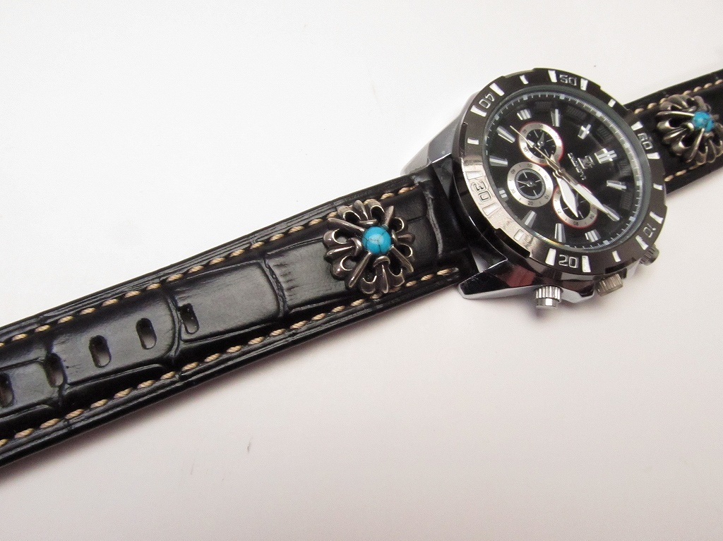  新品 自作オリジナル 時計ベルト 交換ベルト 牛革 本皮 クロコ 型押し /89/ 22mm _画像9
