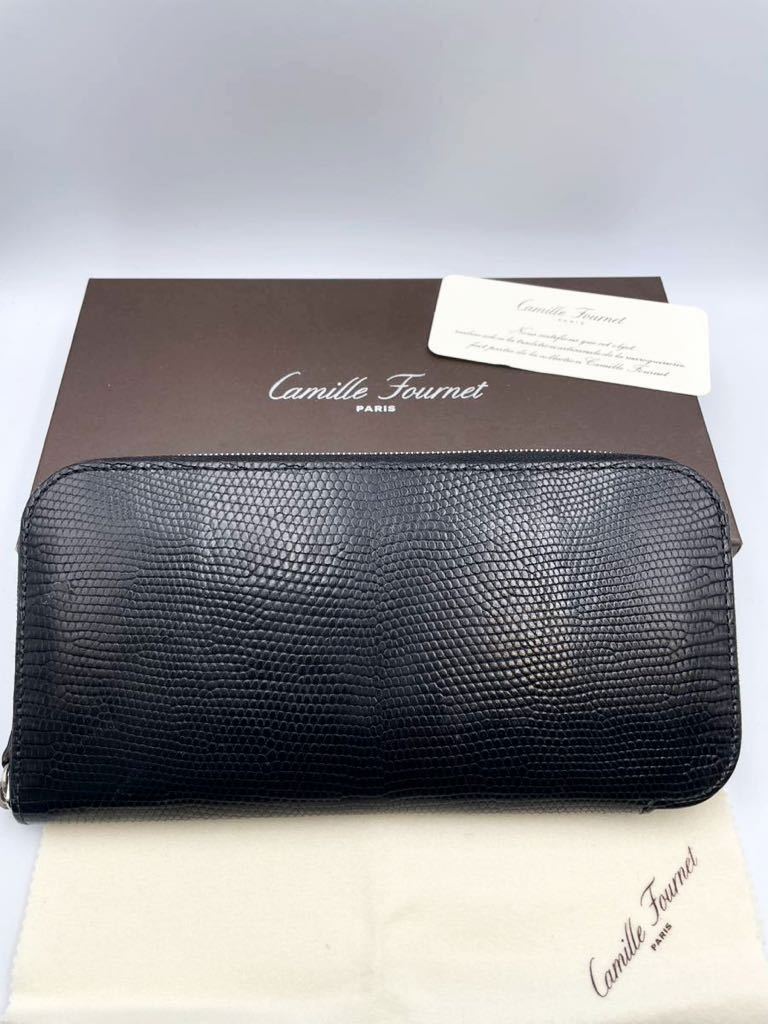 極美品 カミーユフォルネ ラウンドファスナー 長財布 小銭入れ付き ブラック リザード カードケース Camille Fournet 二つ折り財布