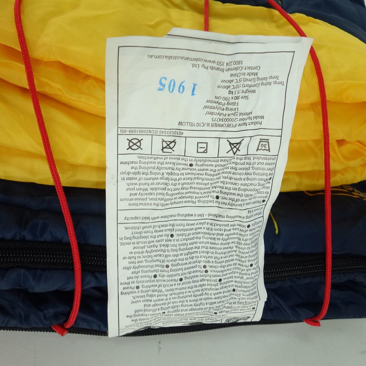 117 Coleman/コールマン パフォーマーIII/C10 イエロー 封筒型シュラフ 寝袋 キャンプ アウトドア ※中古_画像6