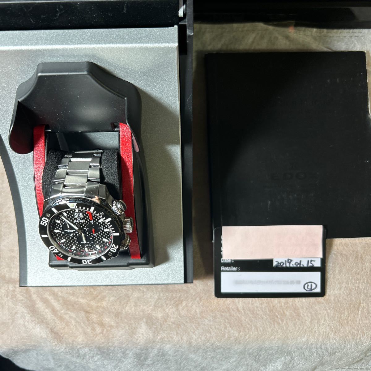 1円 稼働 良品 保/箱/エドックス 10020-3-NIN QZ クロノグラフ 黒文字盤 デイト メンズ腕時計 OGH 5085300_画像5