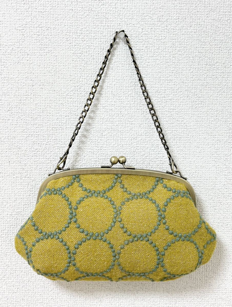 ★ ハンドメイド チェーン付き がま口 バッグ tambourine イエロー グリーン 刺繍 ★ ミナペルホネン タンバリン 生地 はぎれ 使用 mina_画像1