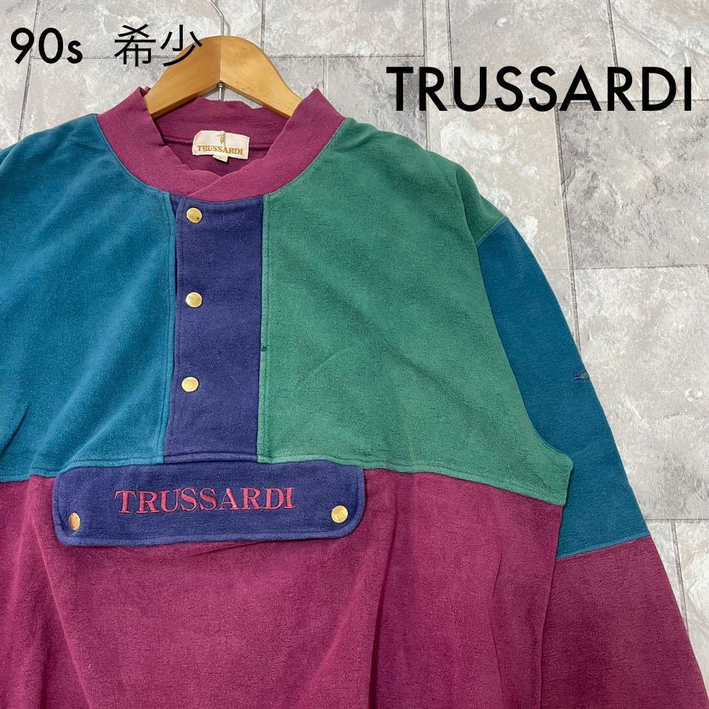 90s 希少 TRUSSARDI トラサルディ スウェット ハーフボタン トレーナー センターポケット 刺繍ロゴ レトロ 玉FL3179