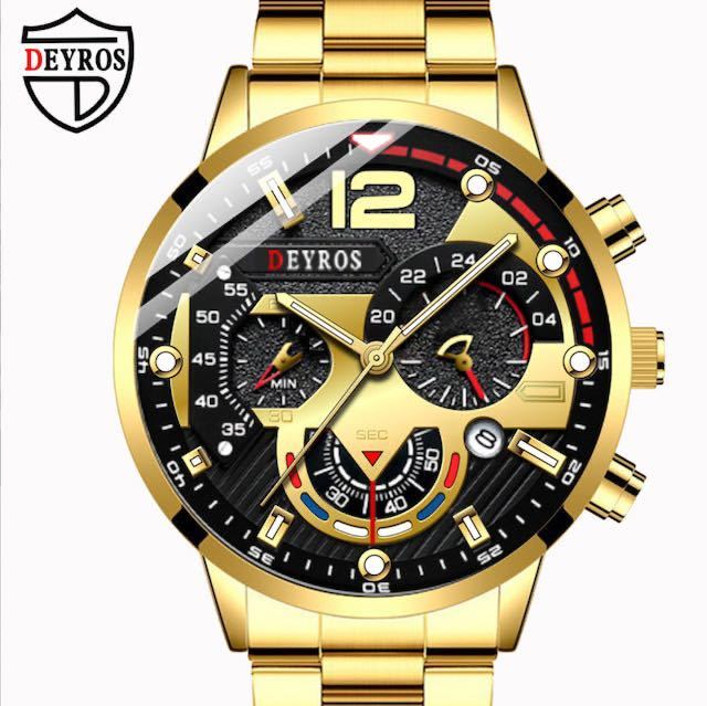 0399 新品 DEYROS クロノグラフ 腕時計メンズ ラグジュアリーステンレス ゴールド_画像2