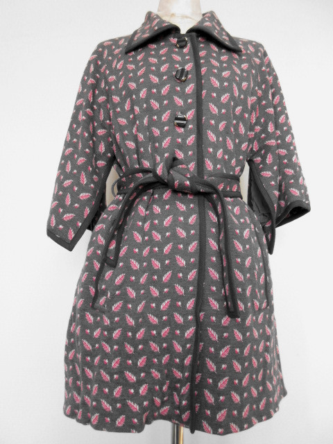 古着♪レトロ・Vintageグレーピンク葉柄七分袖ショートコート♪モッズ70s60s70年代60年代ヴィンテージ日本製衣装個性的昭和モダン和柄_画像2