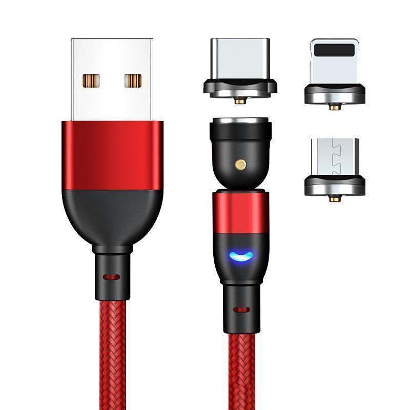 USB充電ケーブル 2m 540度マグネット脱着式 端子3種類 レッド (2)_画像1
