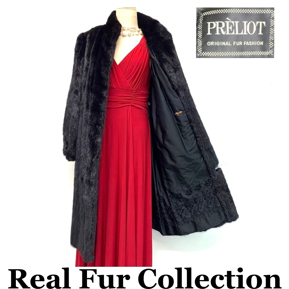 毛皮コート ブラックミンク MINK PRELIOT リアルファー realfur 本物毛皮 ミディアム丈 着丈98cm 裾周囲140cm club藤(N640)_画像1