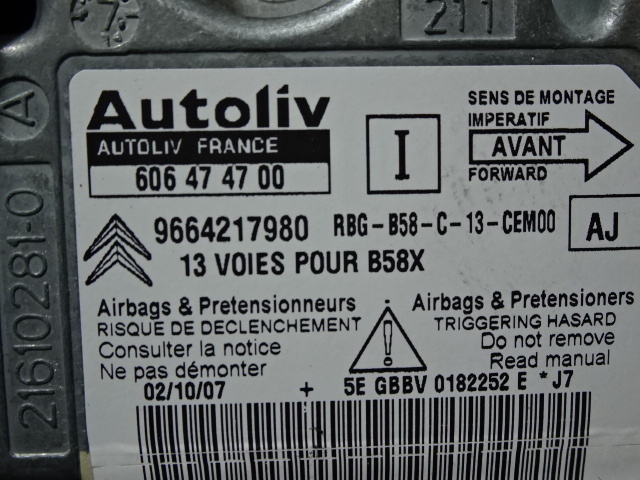  in voice correspondence Citroen C4 Picasso *B58RFJP 2008* air bag computer * air bag sensor 9664217980*606474700