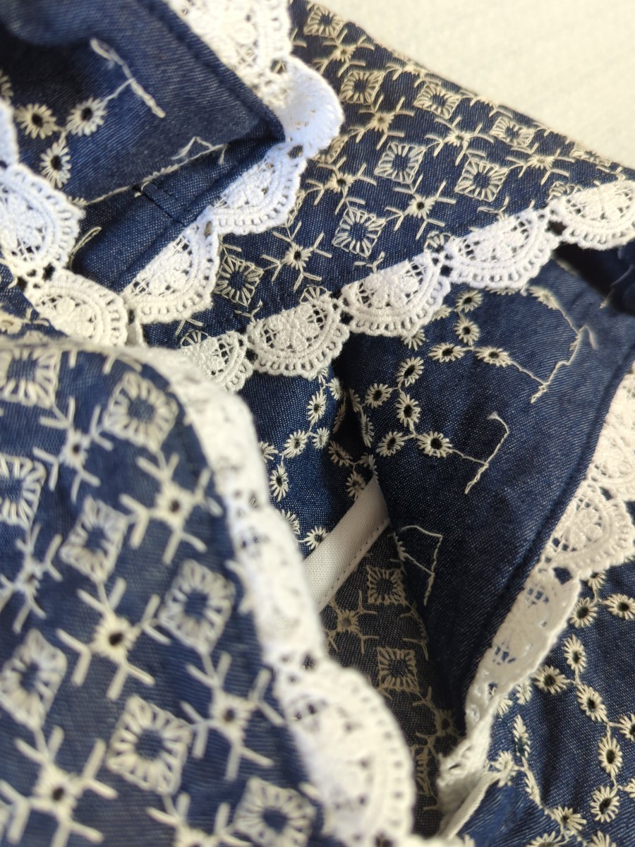**handmade**　Cottonデニム刺繍　前ボタン　フード羽織りコート　ハンドメイド_画像5