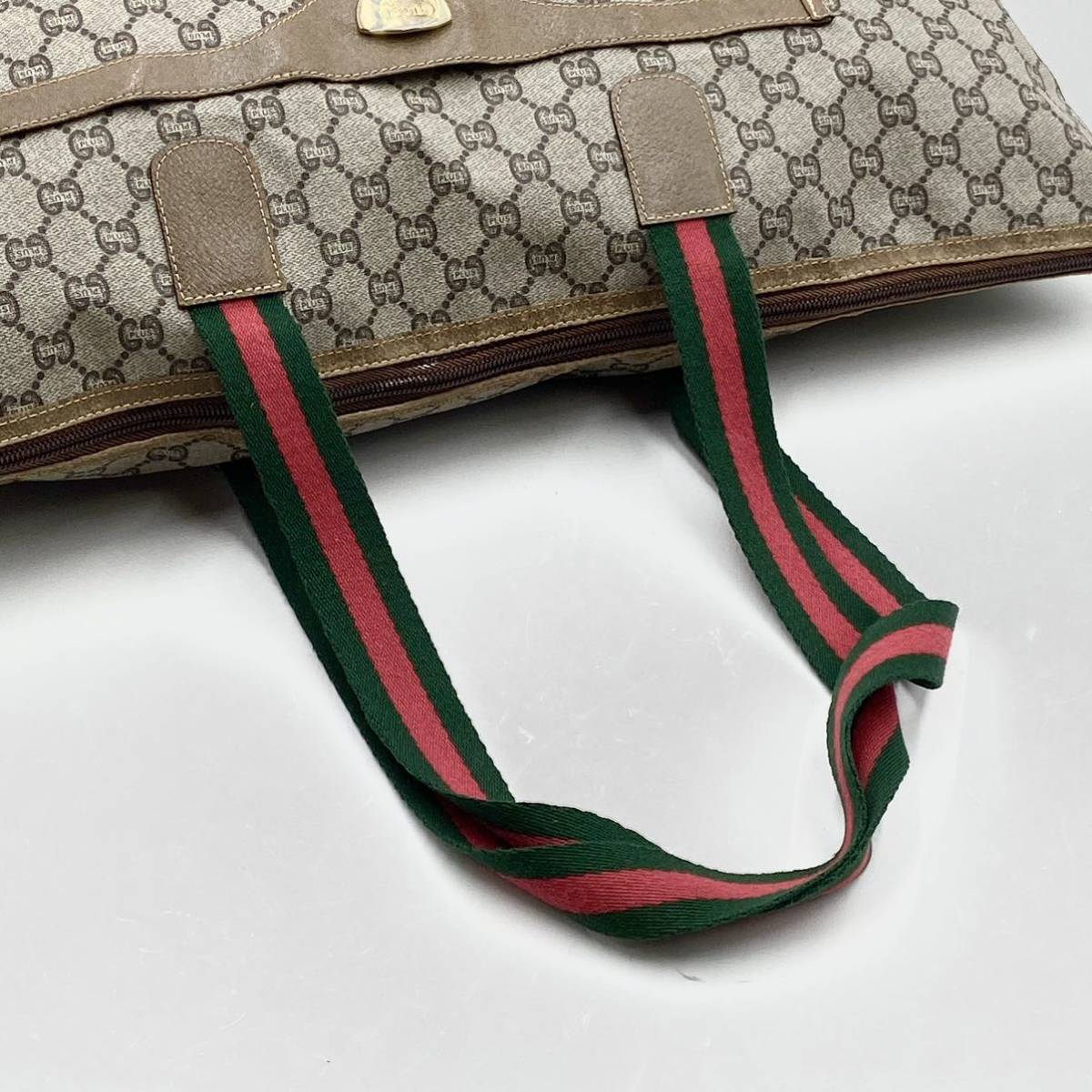 1円【美品】OLD GUCCI オールドグッチ GGスプリーム シェリーライン トートバッグ ボストンバッグ ビジネスバッグ 総柄 PVC×レザー_画像8