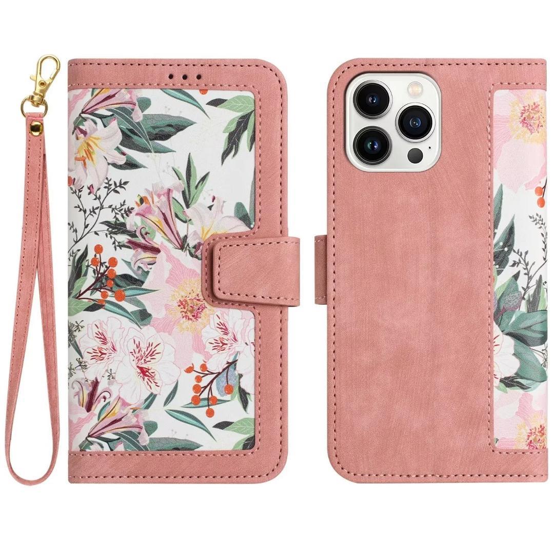 iphoneケース　人気新モデル　高級PUレザー　落下防止　カード3枚入り　可愛い花柄　携帯カバー　(ピンク)_画像1