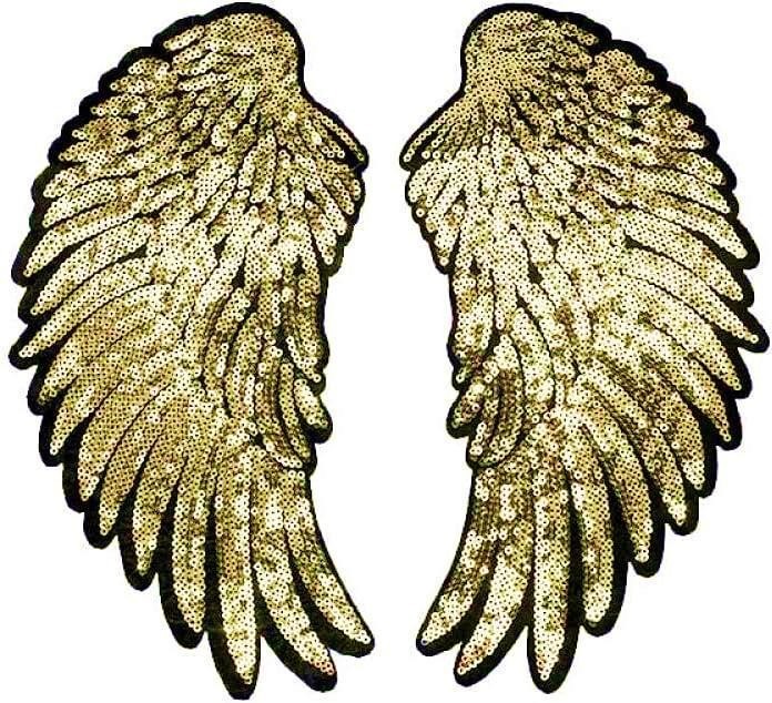 ワッペン　アイロン接着　金の羽　キラキラ翼　スパンコール　Mサイズ　2枚