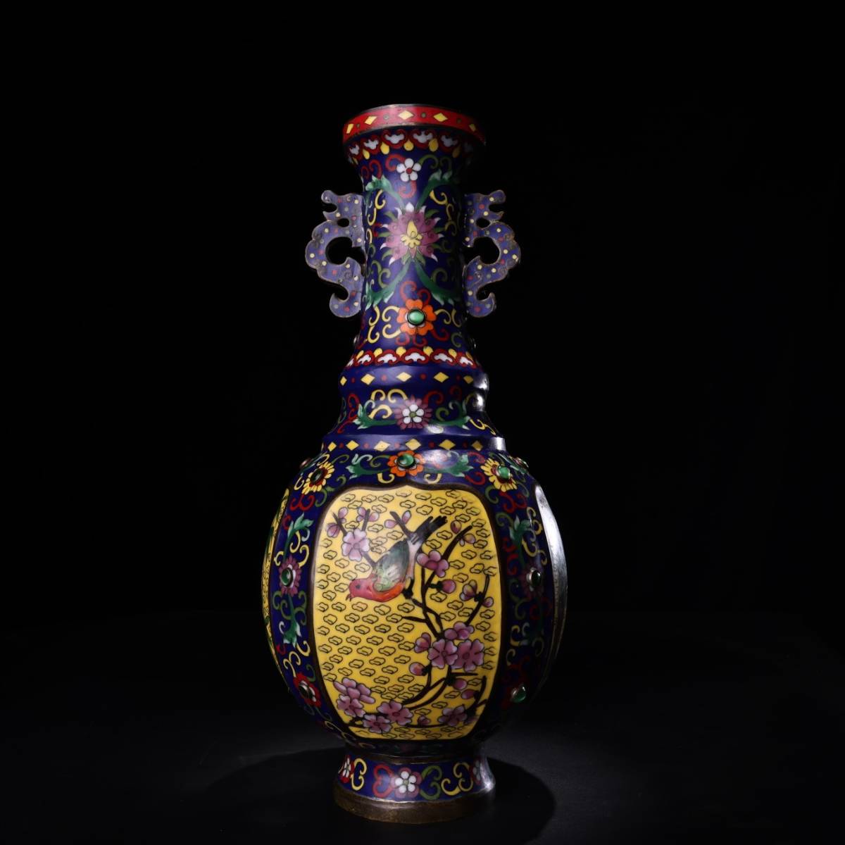 高質中國古玩琺瑯彩景泰藍兩耳大花瓶乾隆年製清時代珍藏舊品唐物時代物