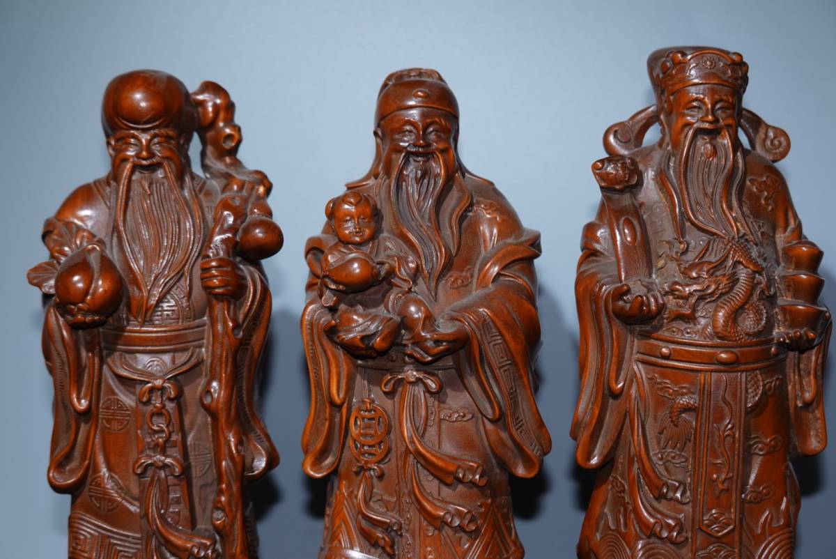 翌日発送可能】 時代物 細密毛彫 超美品 福祿壽 古黄楊木彫 清代 珍品