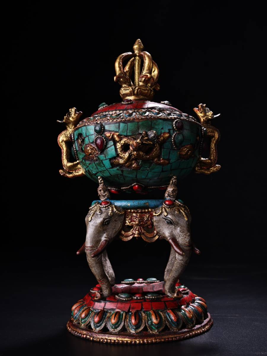 SALE】 清時代珍藏舊品西藏回流藏傳純銅嵌寶石彩繪描金香爐超絶技巧