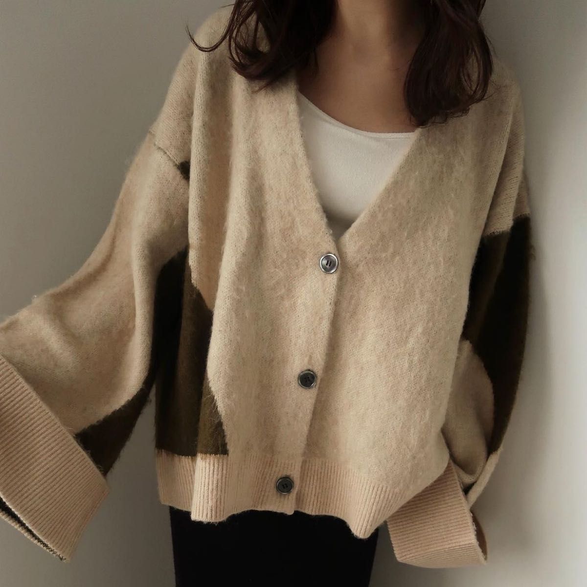 mideal mix color cardigan BEIGE ×GREEN