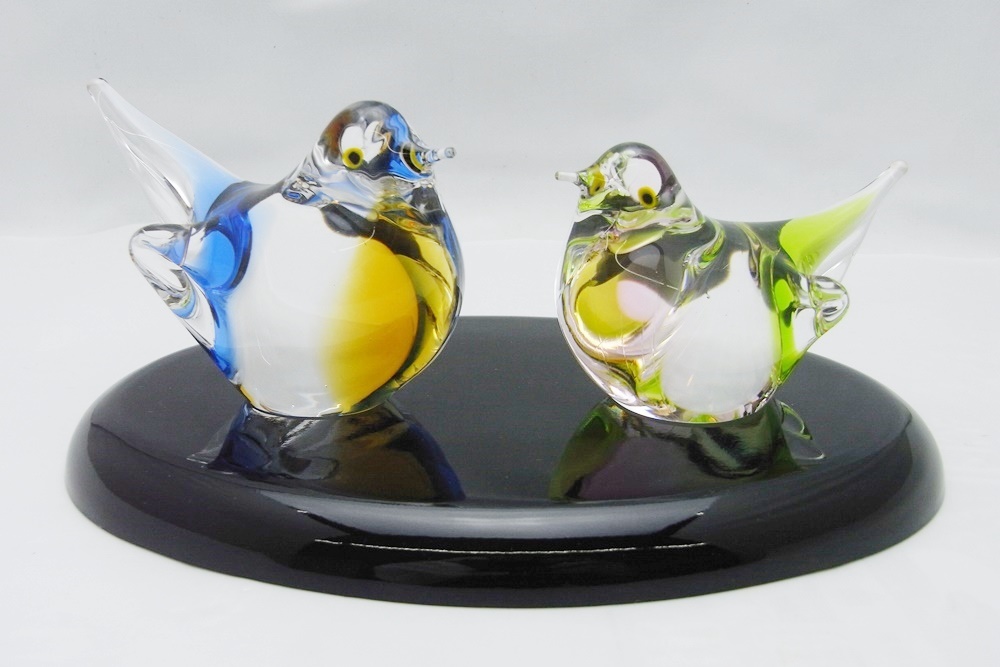 A23-2894 【未使用】 Malti Glass マルティグラス　コマドリ　鳥　ペア　台つき　紙箱　ガラス小物　レトロ　保管品　置物　インテリア_画像1