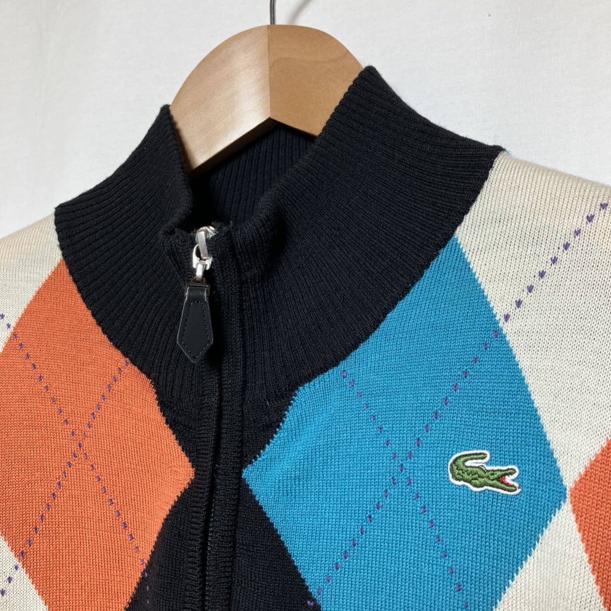 【美品】LACOSTE ラコステ フルジップ ウールニット サイズ3 ファブリカ社製 正規品ブラック アーガイルチェック柄／ジャケットセーター_画像3