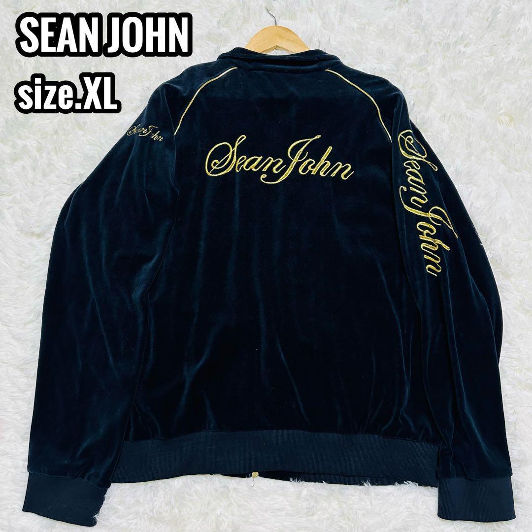 SEAN JOHN ベロア フルジップジャケット ブラック ゴールド XL ショーンジョン B系 B-BOY HIPHOP 黒 金 90s 00s Y2K 古着 大きいサイズ