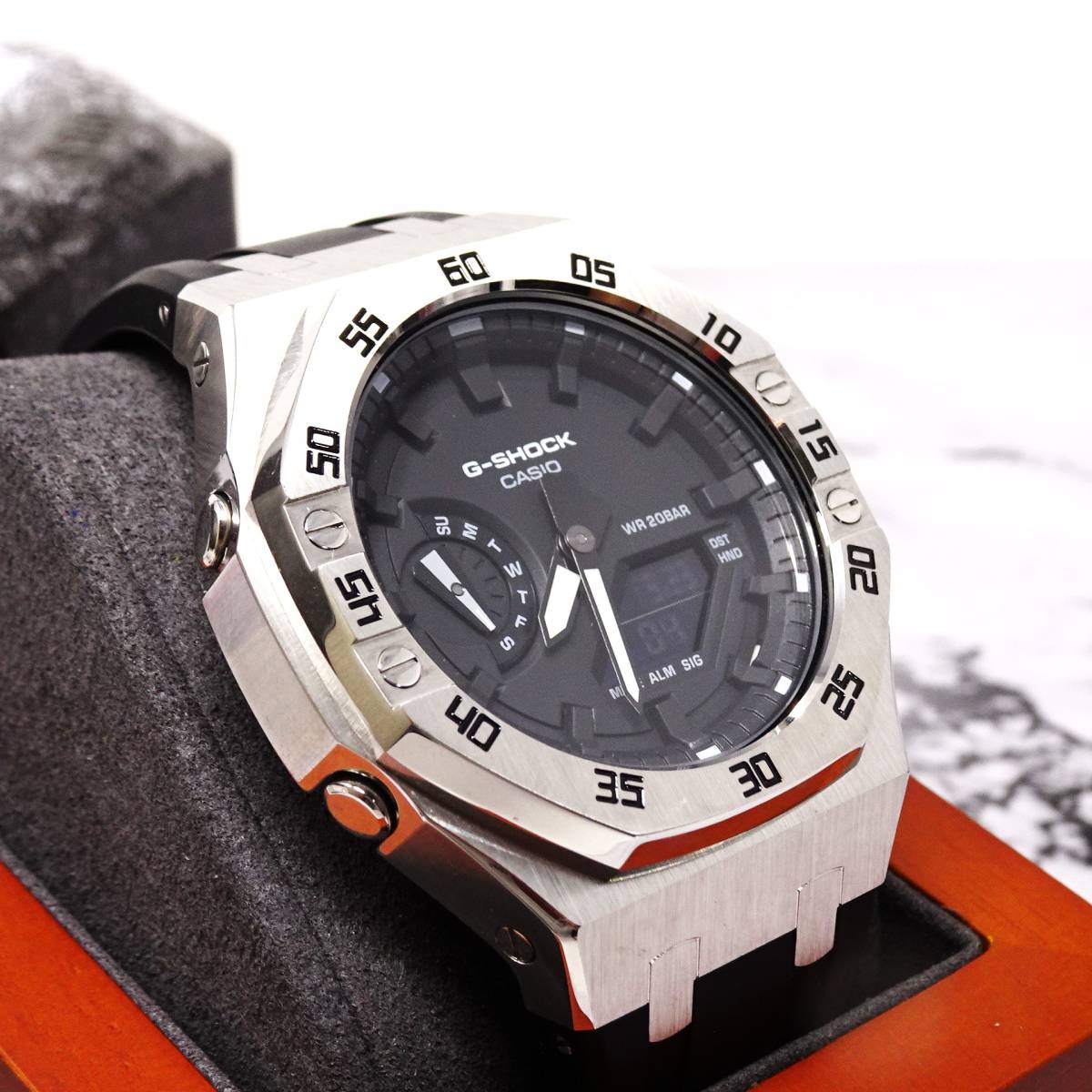 未使用・新品・Gショックカスタム本体付き第４世代GA2100海外ステンレス製シルバーベゼル＆ブラックシリコンラバーベルト腕時計カシオーク_画像5