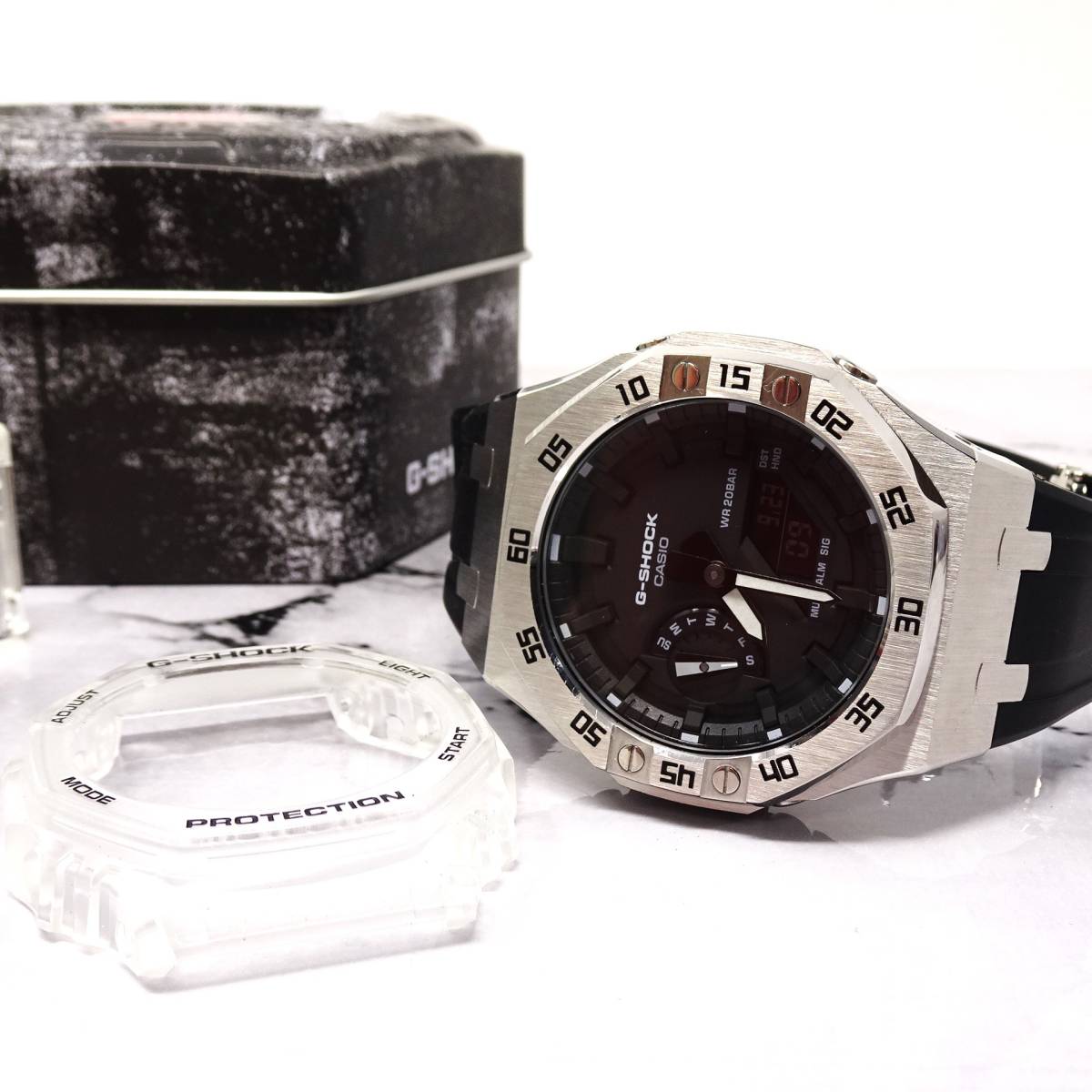 未使用・新品・Gショックカスタム本体付き第４世代GA2100海外ステンレス製シルバーベゼル＆ブラックシリコンラバーベルト腕時計カシオーク_画像9