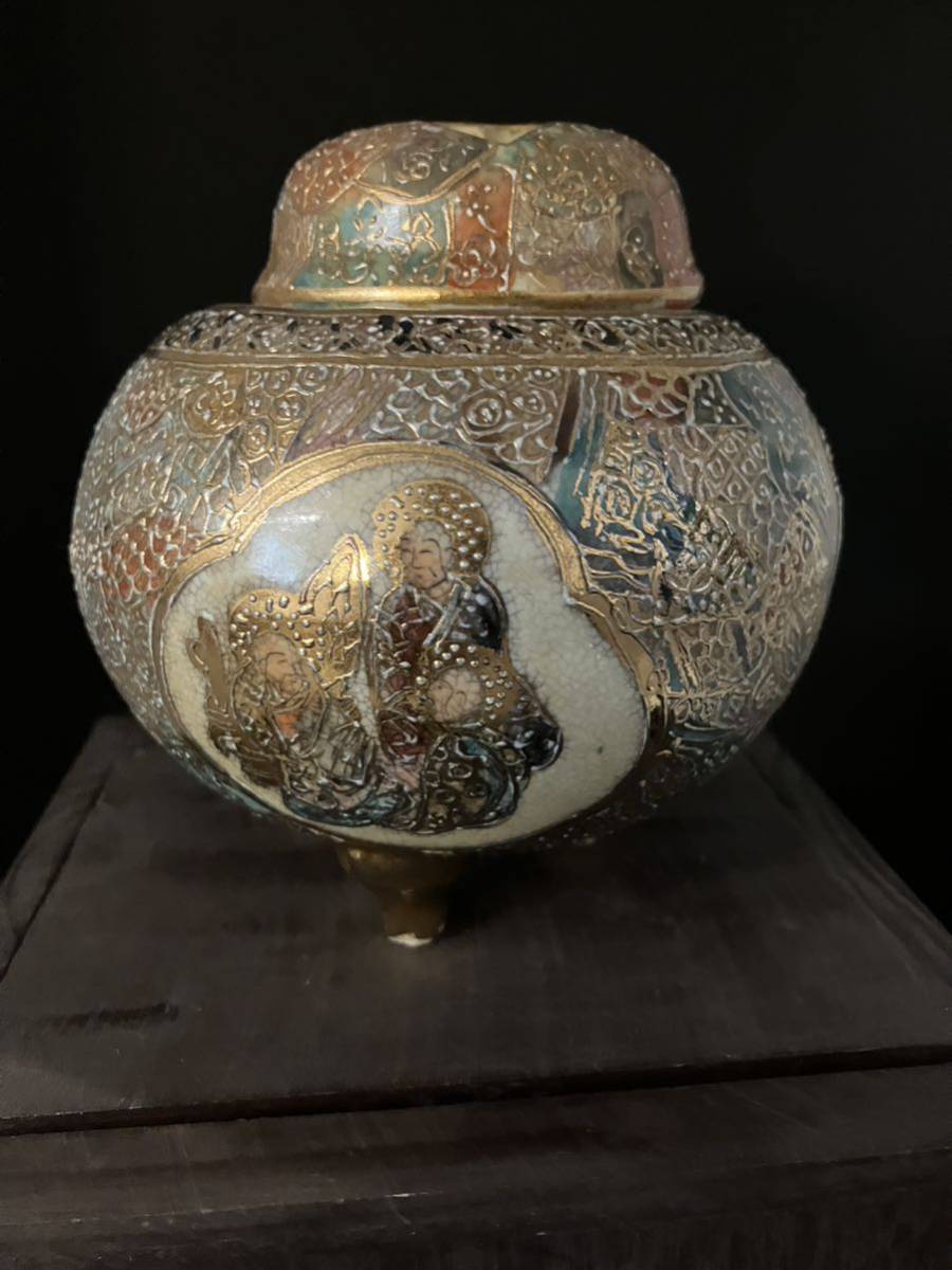 時代物【薩摩焼 香炉 金襴手】香爐 仏具 古美術 骨董 白薩摩 薩摩 貫入