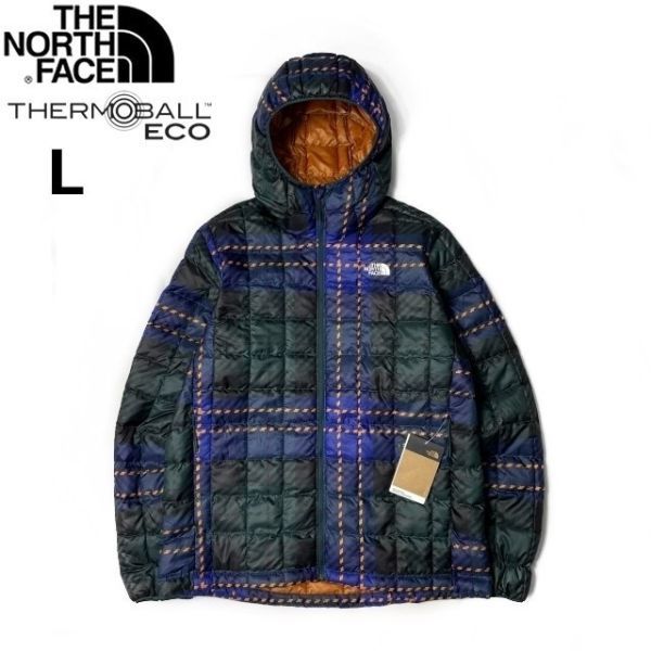 1円～!売切!【正規新品】THE NORTH FACE PRINTED THERMOBALL ECO HOODIE 中綿ジャケット US限定 軽量 ダウン(L)青 緑 チェック柄190122-120_画像3