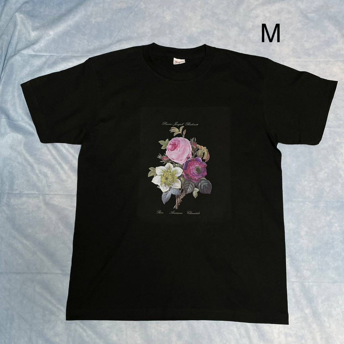 ルドゥーテ　植物画　バラ・アネモネ・クレマチス　綿TシャツMサイズ 黒_画像1