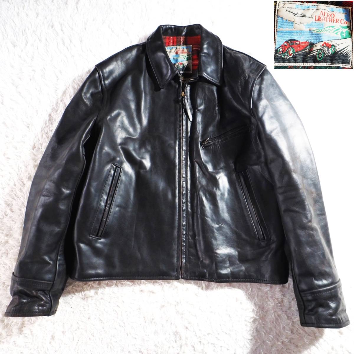 エアロレザー AERO LEATHER ホースハイド 馬革 ライダースジャケット シングル 本革 ブラック 黒 茶芯 真鍮TARONジッパー 40 大きいサイズ_画像1