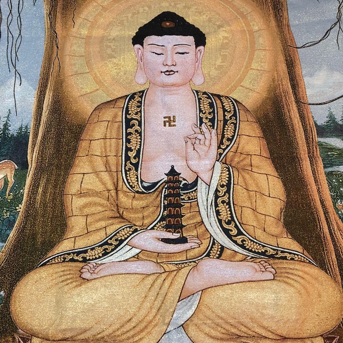 観音菩薩の壁掛飾り織物　仏画錦織　タンカ  厄除け　大型140×85cm 仏教美術  