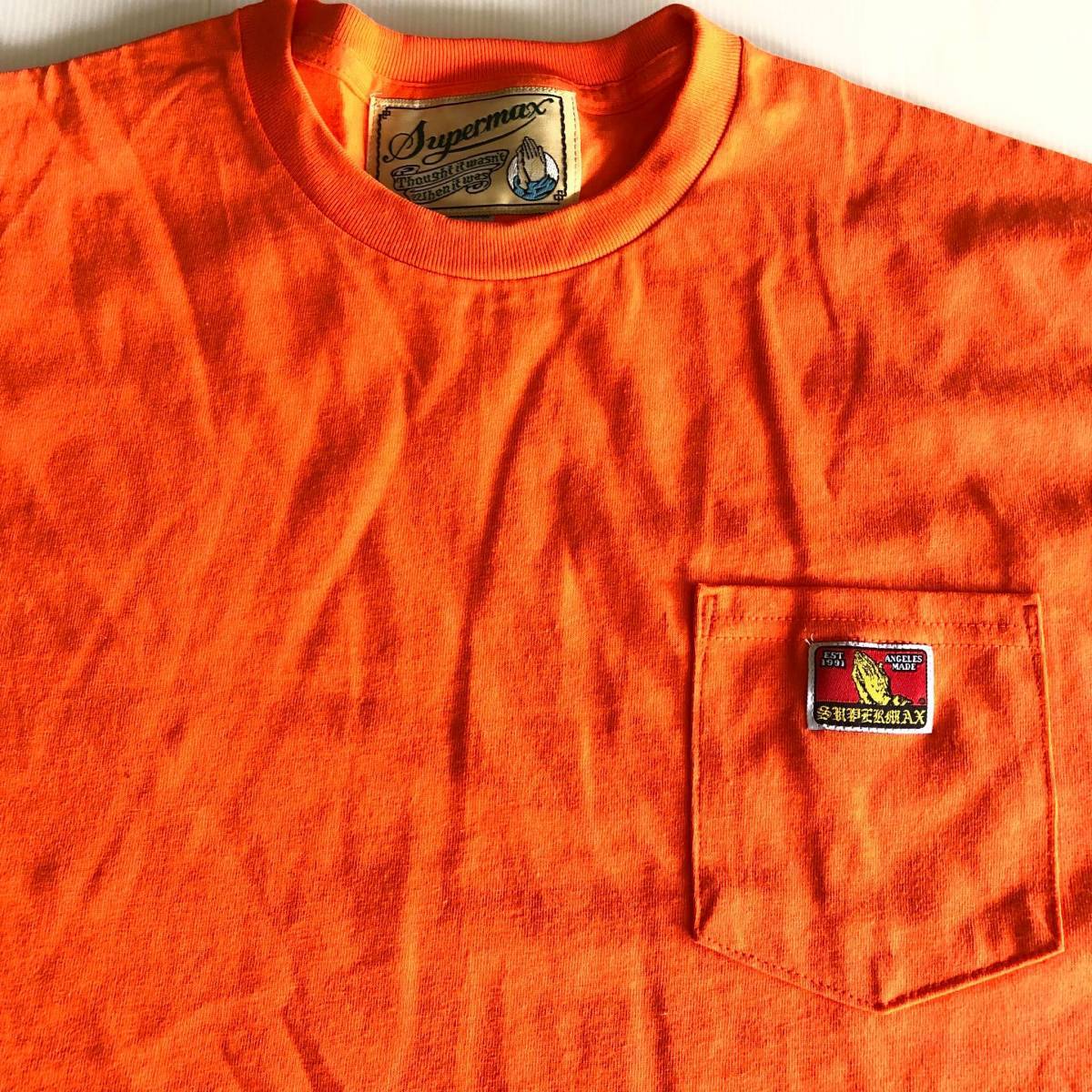 ◎【SUPERMAX HARDWARE】size:Ｌ ポケットTシャツ Orange スーパーマックス ステッカー付/ロサンゼルス hardcore チカーノ Lowrider_画像2